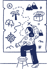 인물이 보물 지도를 탐색하며 자기주도 학습의 여정을 시작하고 목표를 설정하는 모습.