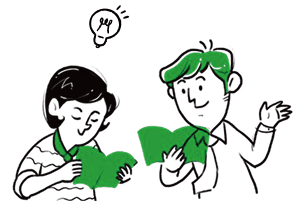 두 인물이 책을 보며 아이디어가 떠오른 듯 전구를 보이고, 자신이 생각한 것을 표현하는 모습