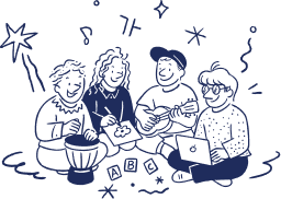 친구들이 함께 북과 기타를 치고 교류하며, 표현력과 이해력 중심의 협동 학습을 하는 모습.