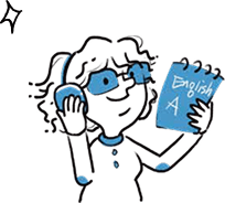 헤드폰을 착용한 인물이 'English A'라고 적힌 공책을 들고 자신감 있는 표정을 지으며, 영어 학습으로 자신감을 얻는 모습