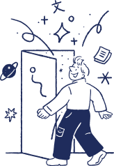 인물이 문을 통과하며 배움의 진입장벽이 낮아져 쉽게 시작할 수 있음을 상징적으로 보여줌.